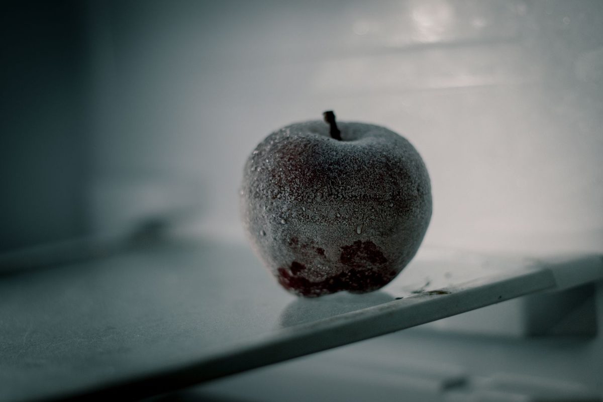 Close view of an apple coated in frost on a refrigerator shelf